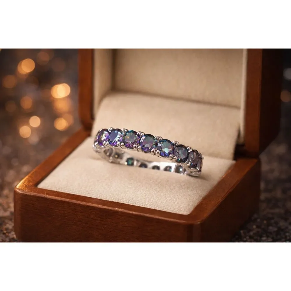 Mystic Topaz Eternity Band in Sterling Silver – Iridescent Gemstone Ring Size 7